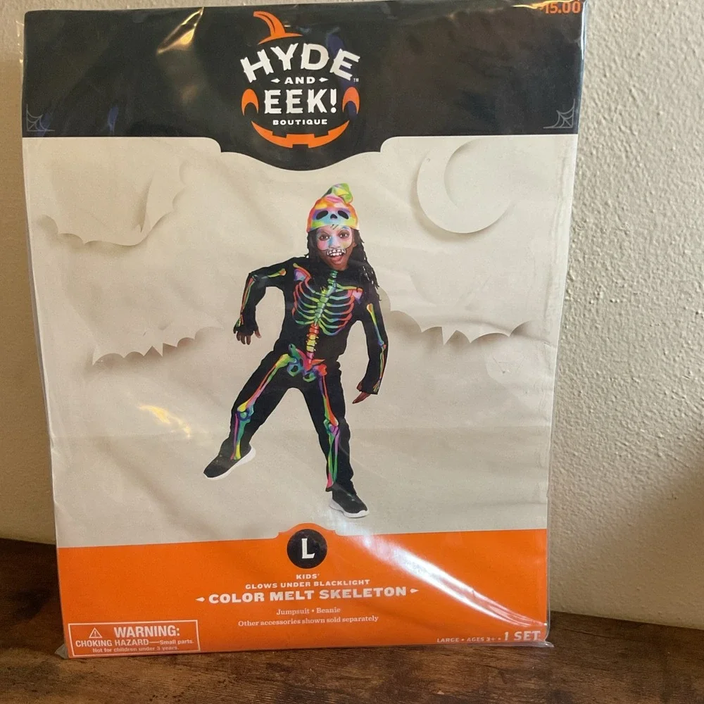 Color Melt Skeleton Halloween Costume Kids Size L (10-12) Glows Under Blacklight